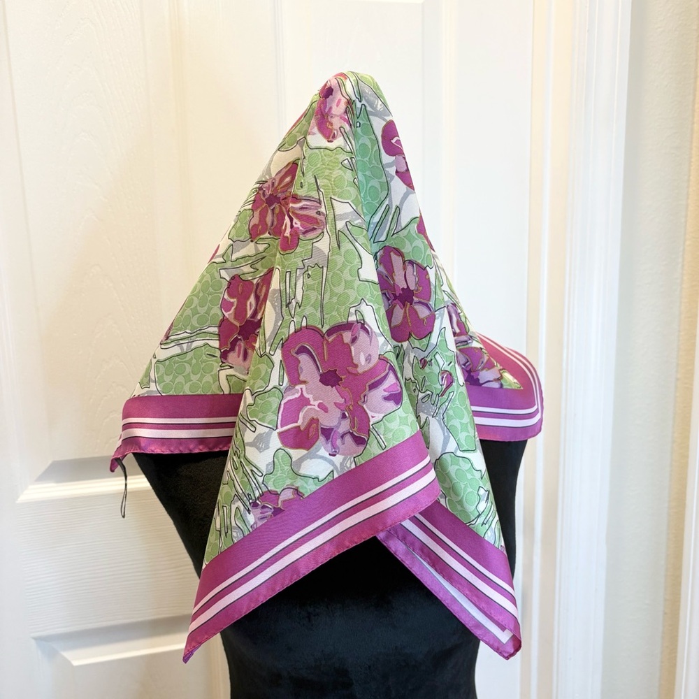 COACH 100% Silk Scarf Pink Green White Floral